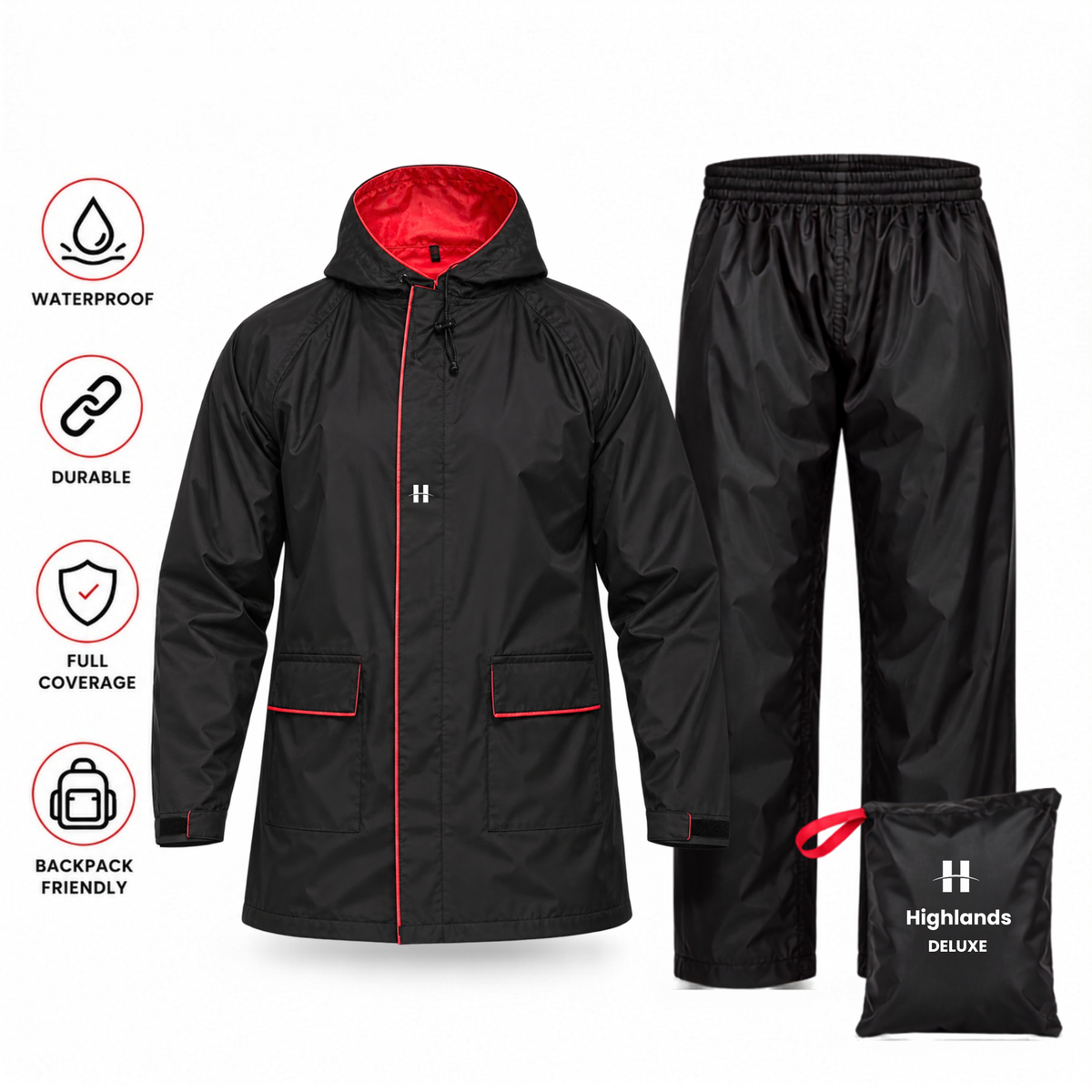 DELUXE - Highlands Heavy Duty Nylon Taffeta Seam-Sealed Rainsuit for Rain Protection.
