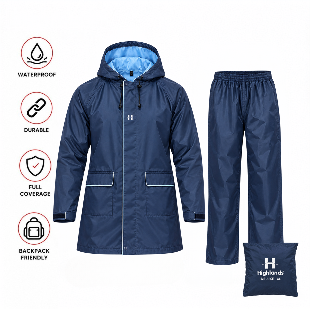 DELUXE - Highlands Heavy Duty Nylon Taffeta Seam-Sealed Rainsuit for Rain Protection.