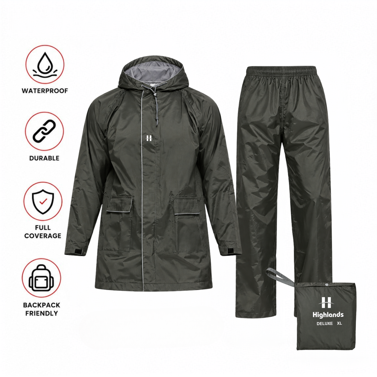 DELUXE - Highlands Heavy Duty Nylon Taffeta Seam-Sealed Rainsuit for Rain Protection.