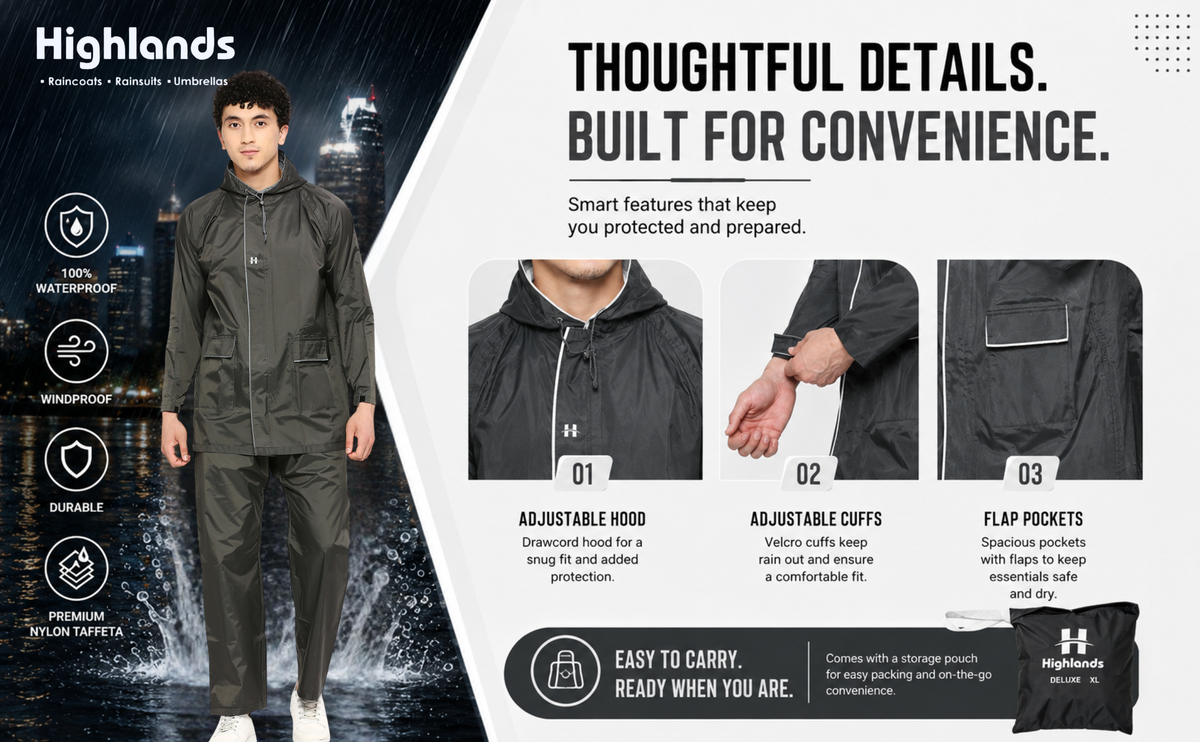 DELUXE - Highlands Heavy Duty Nylon Taffeta Seam-Sealed Rainsuit for Rain Protection.